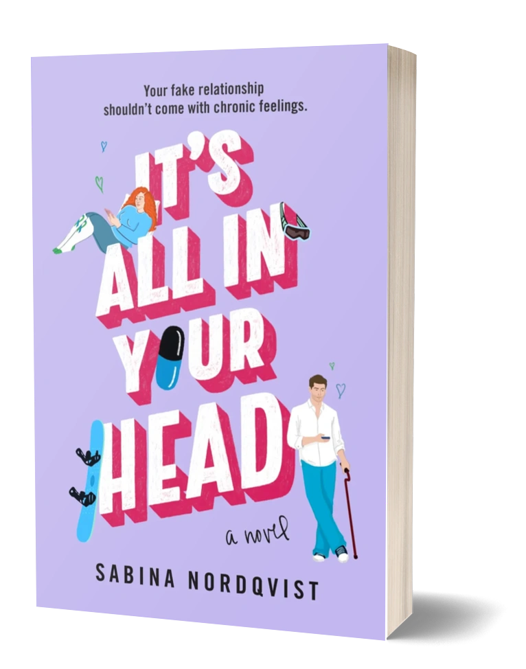 Book cover: It’s All in Your Head, a novel by Sabina Nordqvist—lavender background with an illustrated woman and a man with a cane.