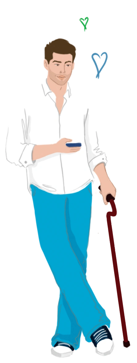 Illustrated white man in a white shirt and blue pants, leaning on a burgundy cane and looking at his phone, with green and blue heart doodles.