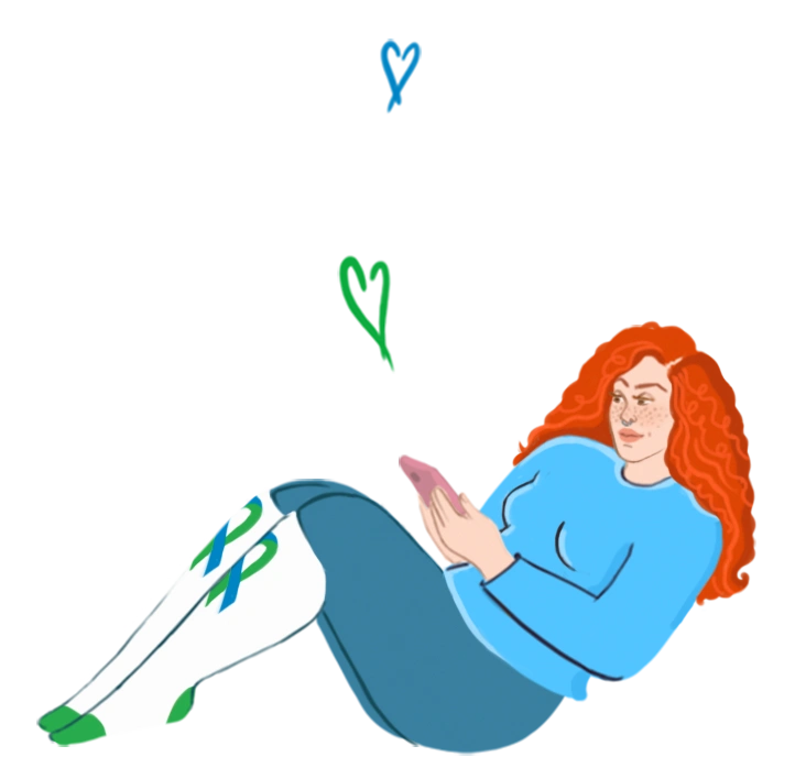Illustration of a red-haired woman reclining and looking at her phone, in a blue sweater and white socks with green/teal awareness ribbons; blue and green heart doodles.